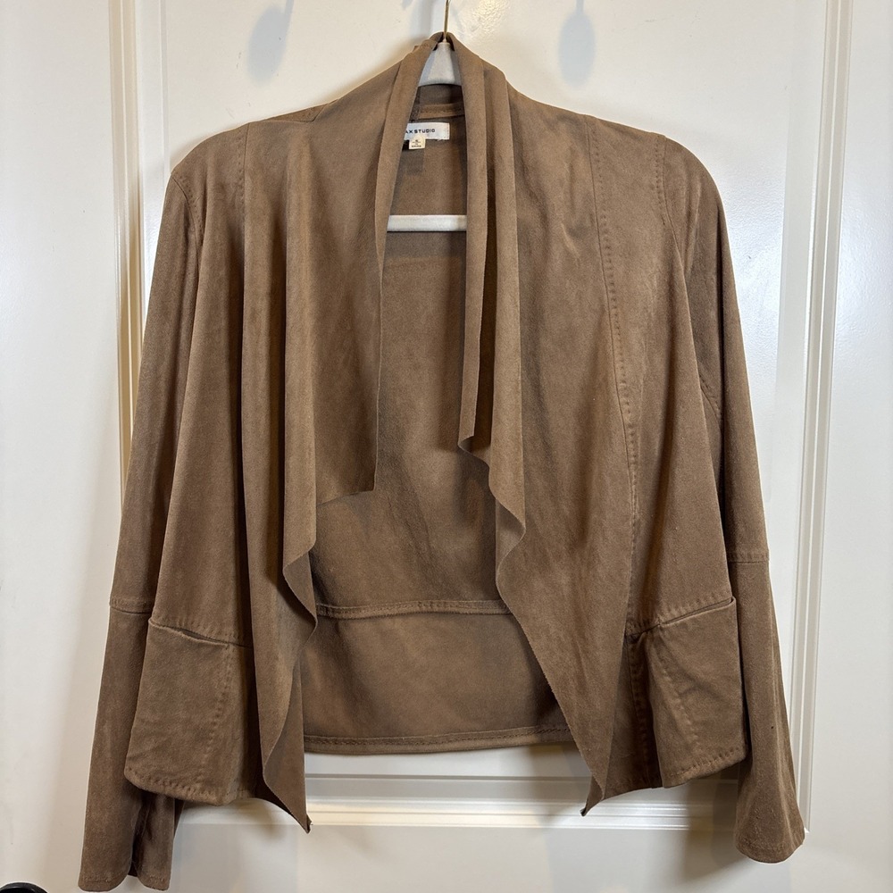 Max Studio Brown Faux-Suede Draped Open-Front Jacket Size Small Rodeo Festival